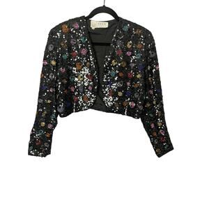 Black Tie 90s Vintage Black Tie Silk & Sequin Cropped Jacket Women Size Medium